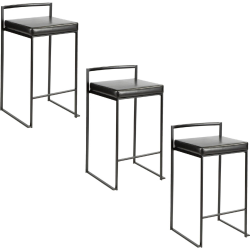 Fuji 26" Stackable Counter Stool in Black Metal & Black Leatherette (Set of 3)